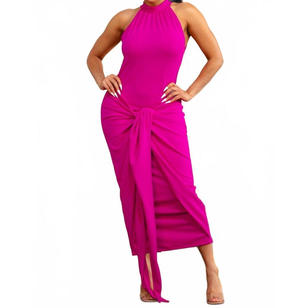 NEW KAREN T DESIGN halter neck maxi dress in fuchsia